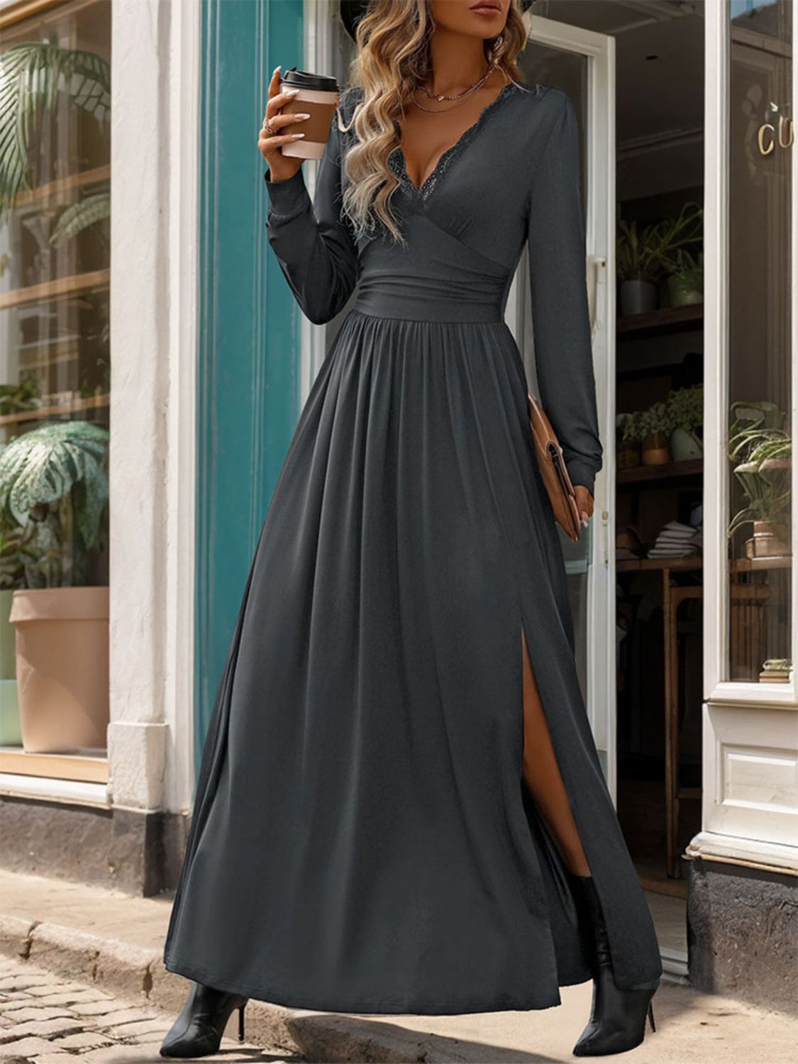 Sample Perfee Lace Detail Slit V-Neck Long Sleeve Dress Sample Perfee Lace Detail Slit V-Neck Long Sleeve Dress