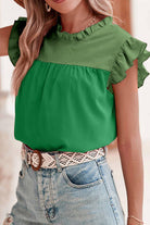 Ruffled Color Block Round Neck Cap Sleeve Blouse - Charming Charlie