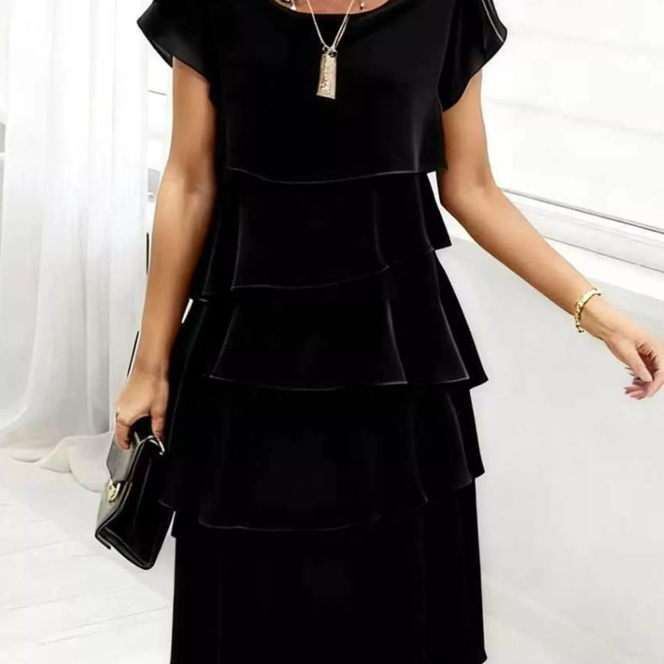 Full Size Ruffled Layered Petal Sleeve Dress Plus Size Black / 2XL Full Size Ruffled Layered Petal Sleeve Dress Plus Size Black / 2XL