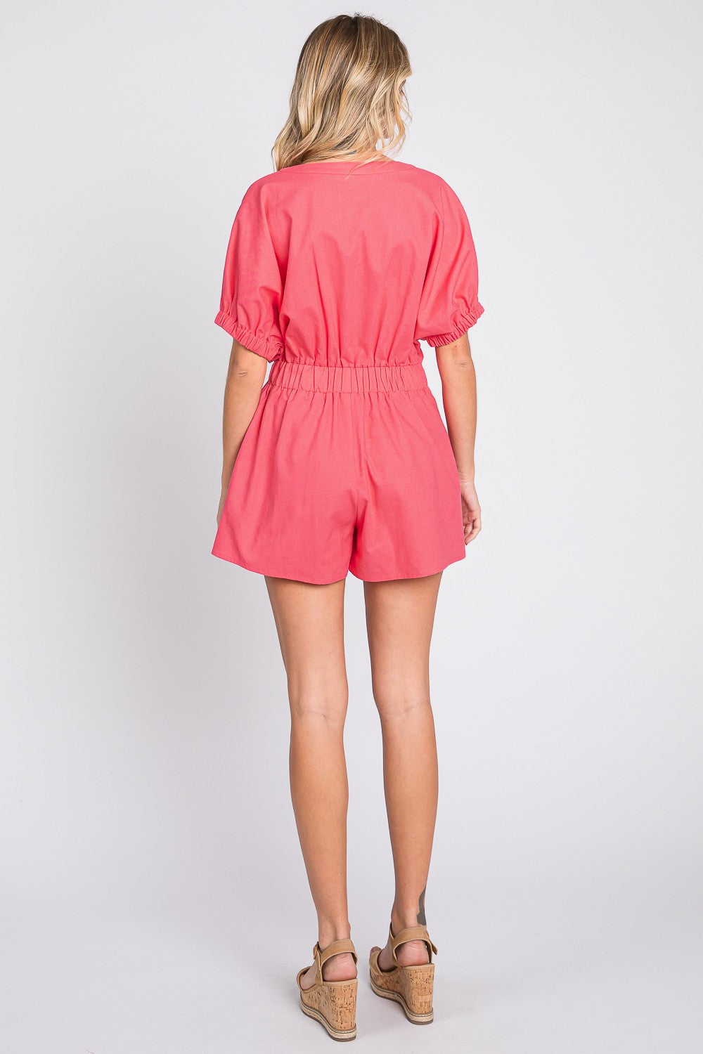 GeeGee Half Button V-Neck Linen Romper - Charming Charlie