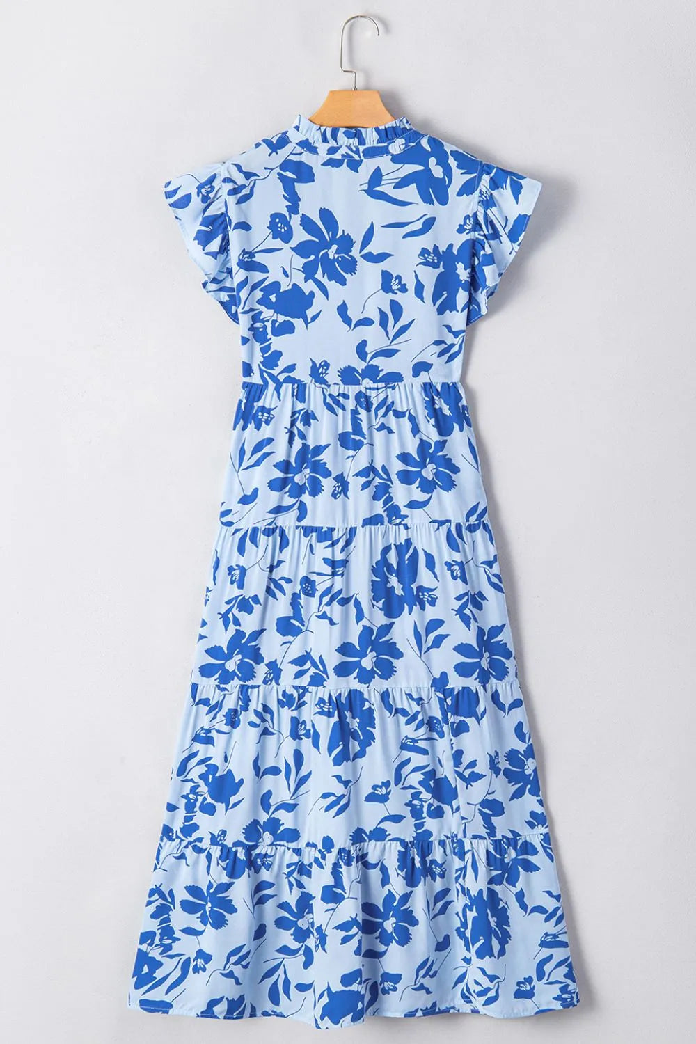 Floral Print Tiered Frilled Trim Flutter Sleeve Dress Light Blue / S