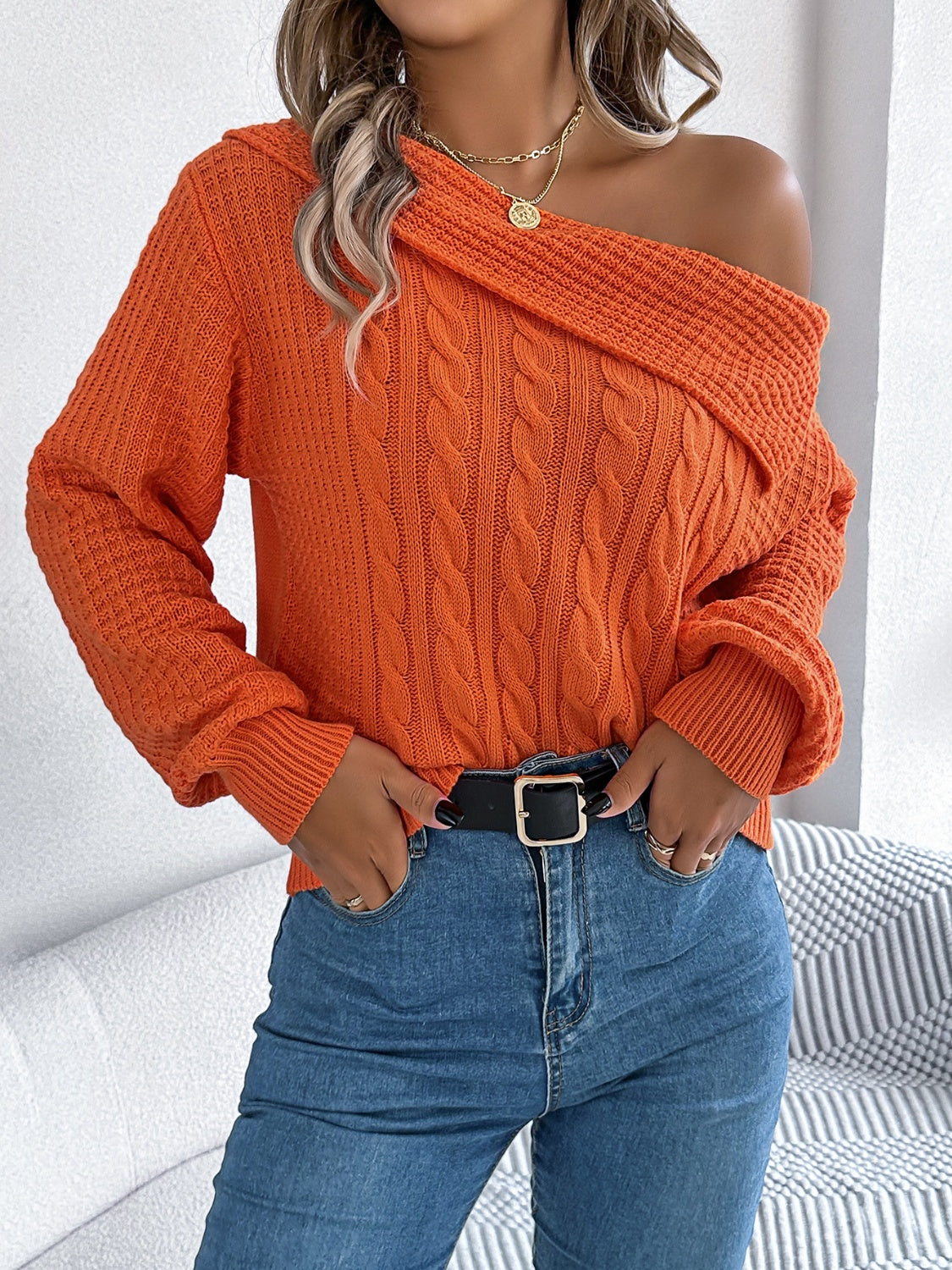 Cable-Knit One Shoulder Long Sleeve Sweater – Charming Charlie