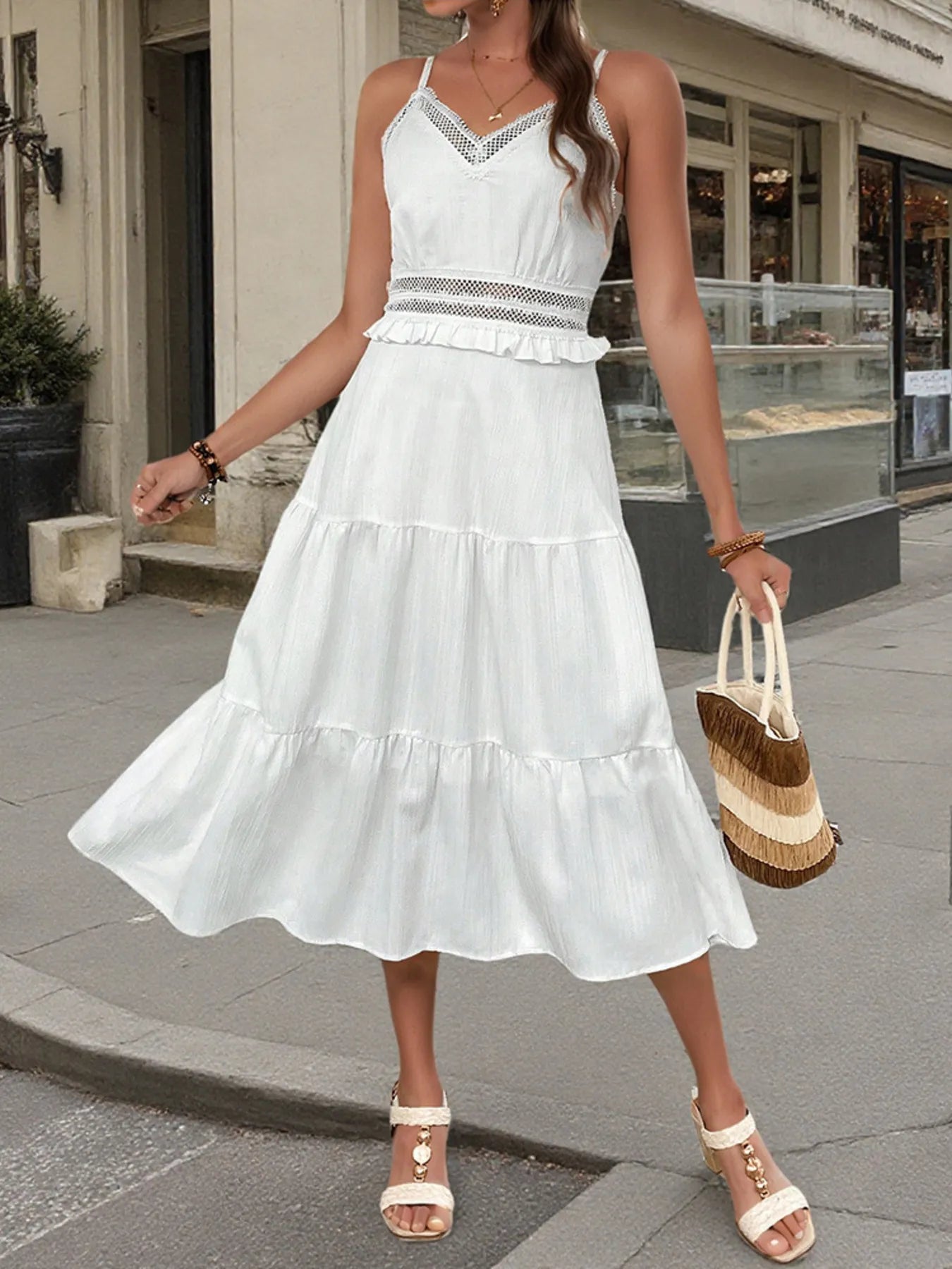 Tiered Midi Dress with Lace Trim Details – Charming Charlie