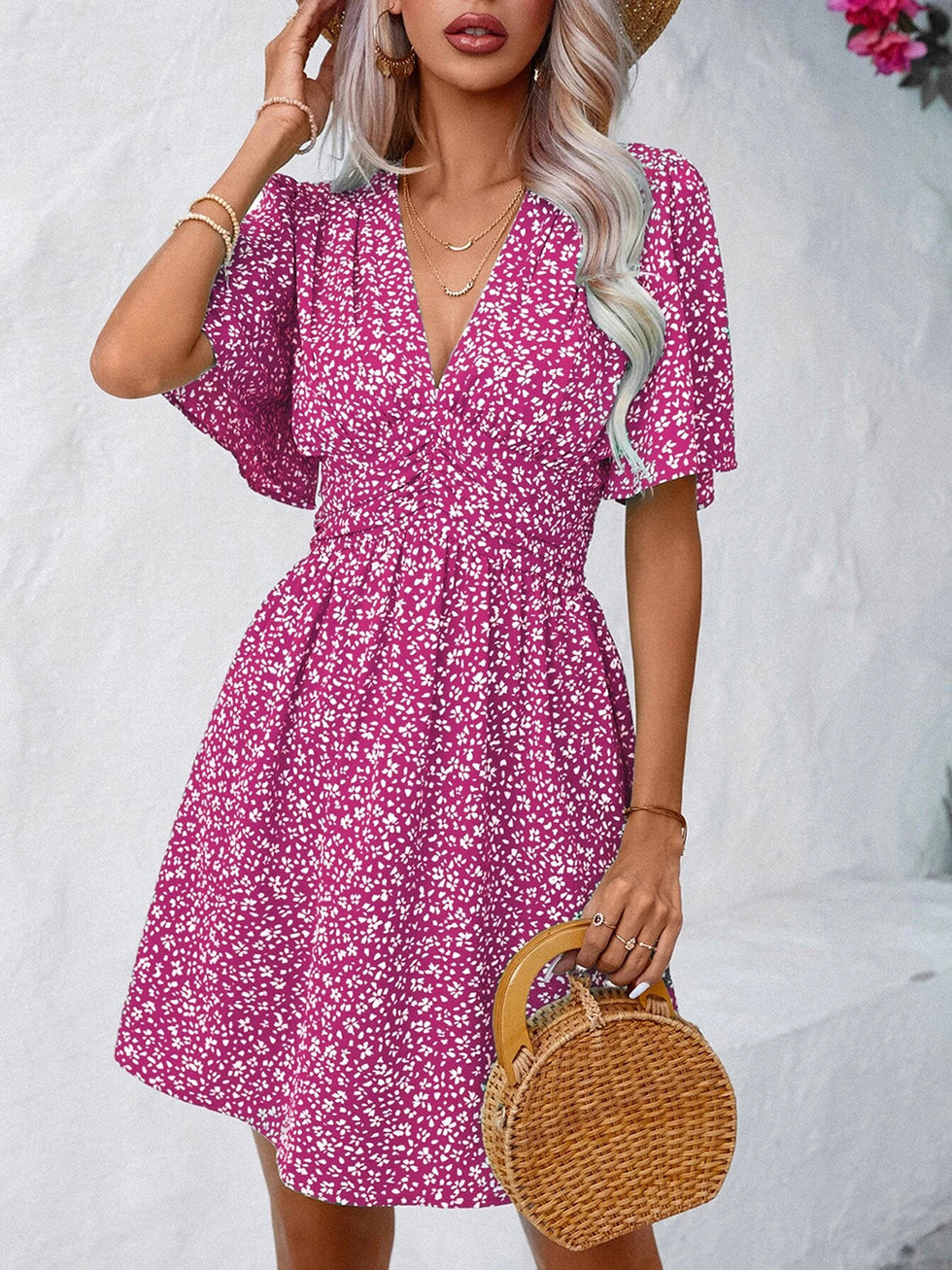 Printed V-Neck Half Sleeve Dress