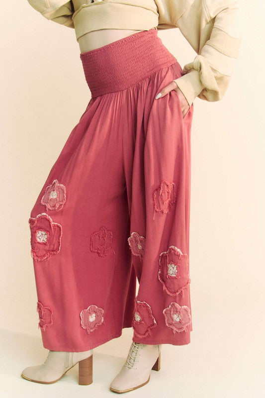 Davi & Dani Smocked Waist Flower Patch Wide Leg Pants - Charming Charlie