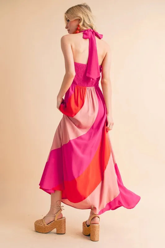 color block bridesmaid dresses Solaya Cut Out Color Block Maxi Dress in Hot Pink/Orange