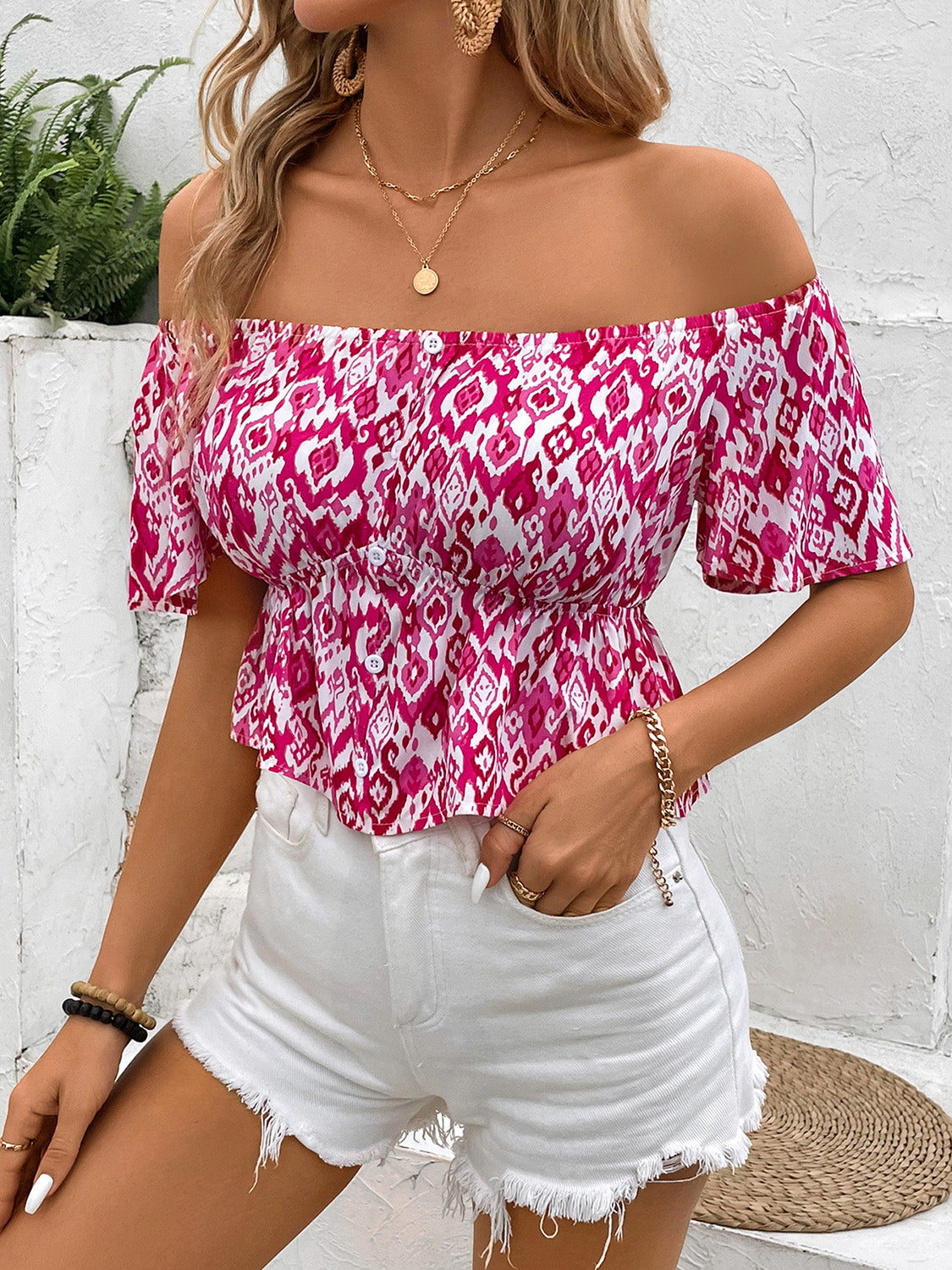 Peplum Printed Off-Shoulder Short Sleeve Blouse - Charming Charlie