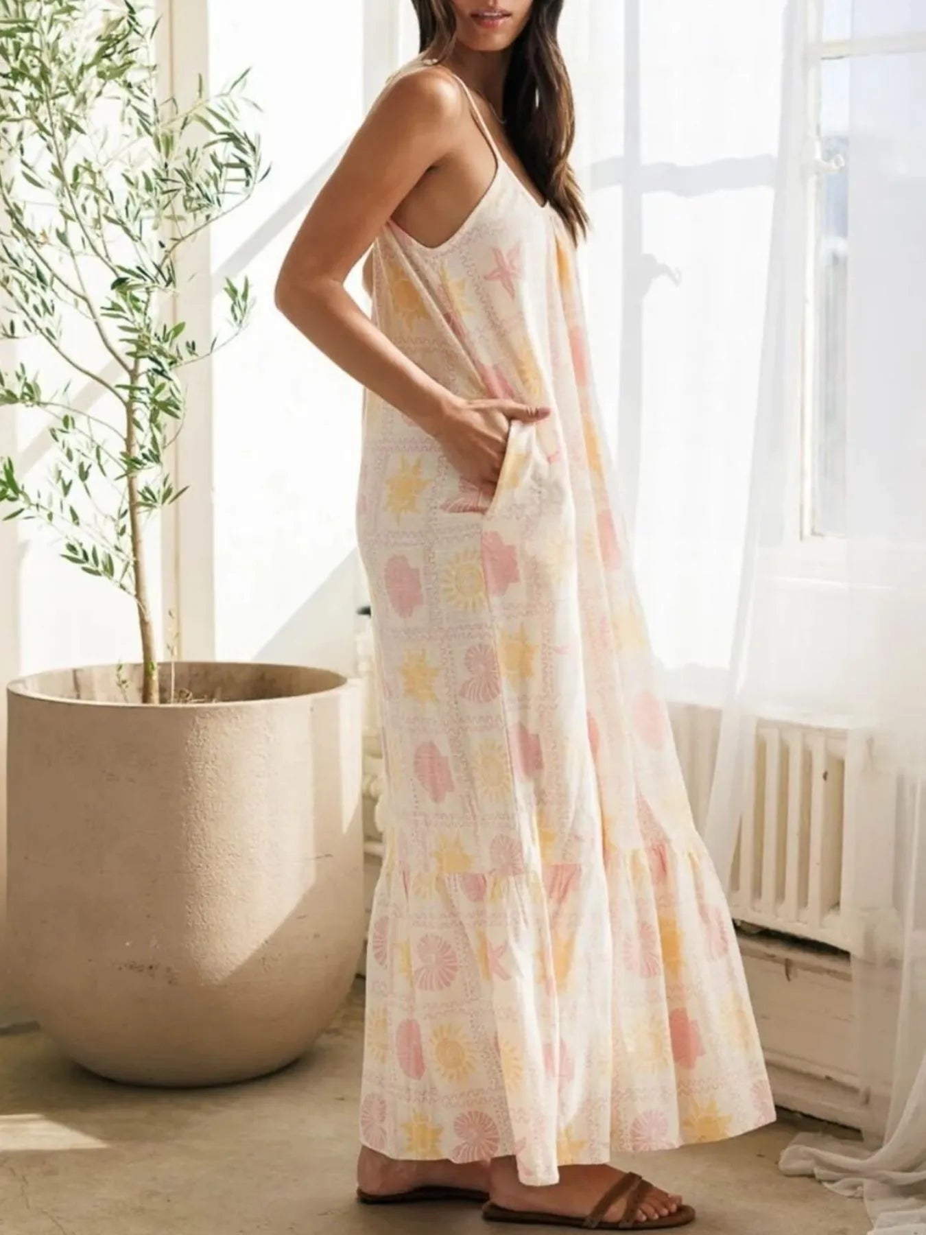 Printed Maxi Lounge Dress with Ruffled Hem – Charming Charlie