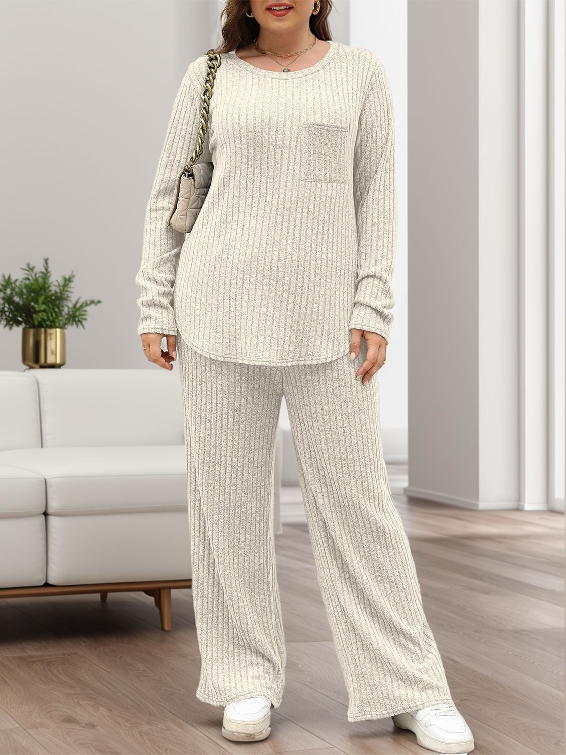 Round Neck Long Sleeve Top and Pants Set - Charming Charlie