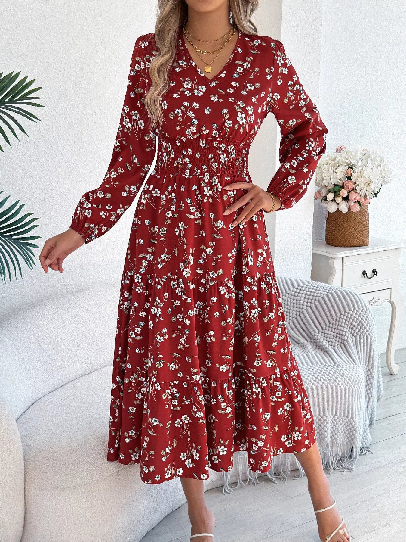 Floral Print Long Sleeve V-Neck Midi Dress Burgundy / XL