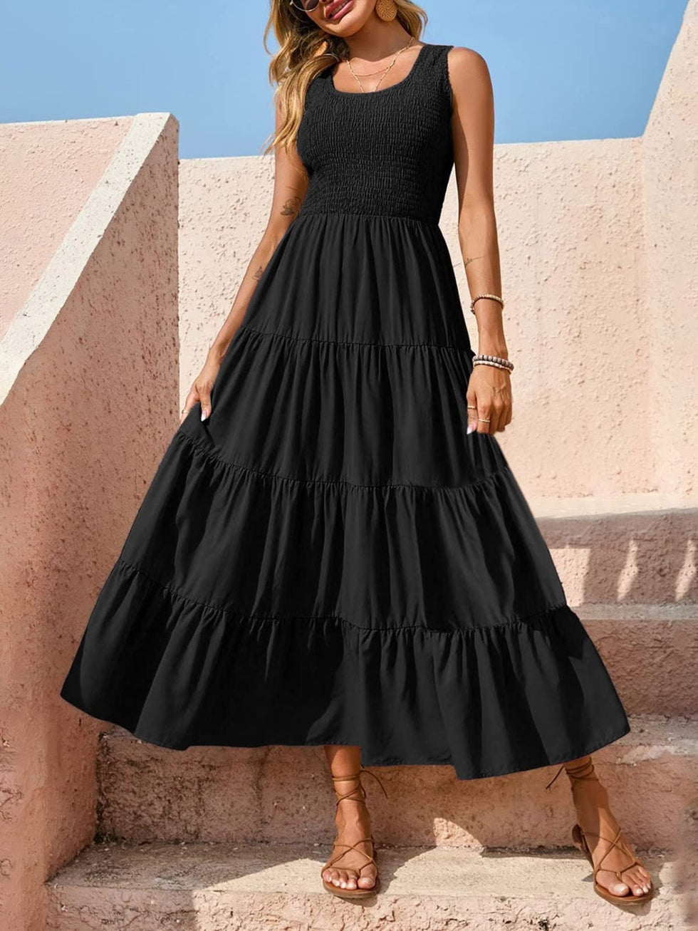 Tie Shoulder Smocked Tiered Dress