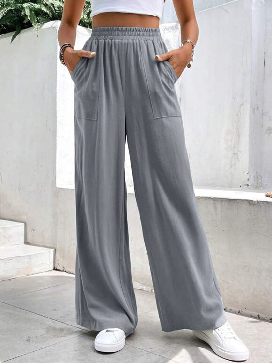 High Waist Wide Leg Pants with Pockets - Charming Charlie