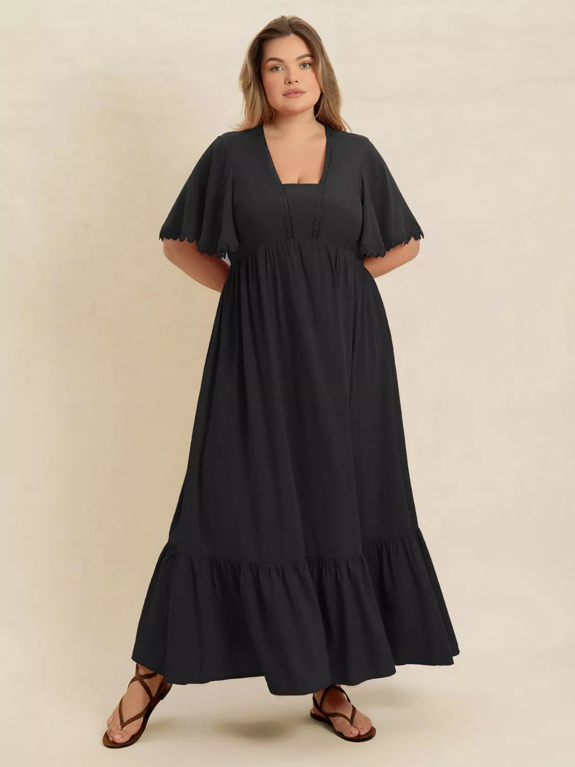 Plus Size Boho Ruffled Maxi Dress with Flutter Sleeves Black / 3XL Plus Size Boho Ruffled Maxi Dress with Flutter Sleeves Black / 3XL