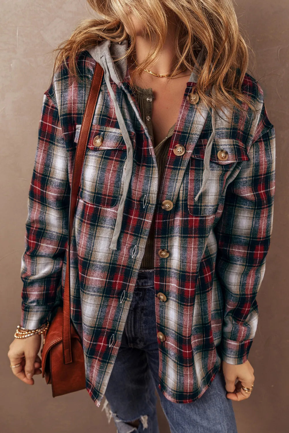 Drawstring Plaid Button Up Hooded Shacket - Charming Charlie