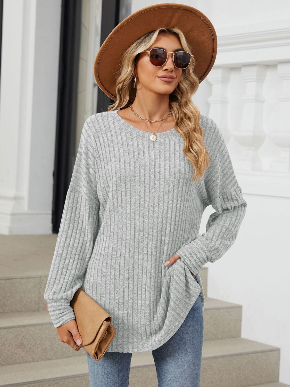 Ribbed Round Neck Long Sleeve T-Shirt - Charming Charlie