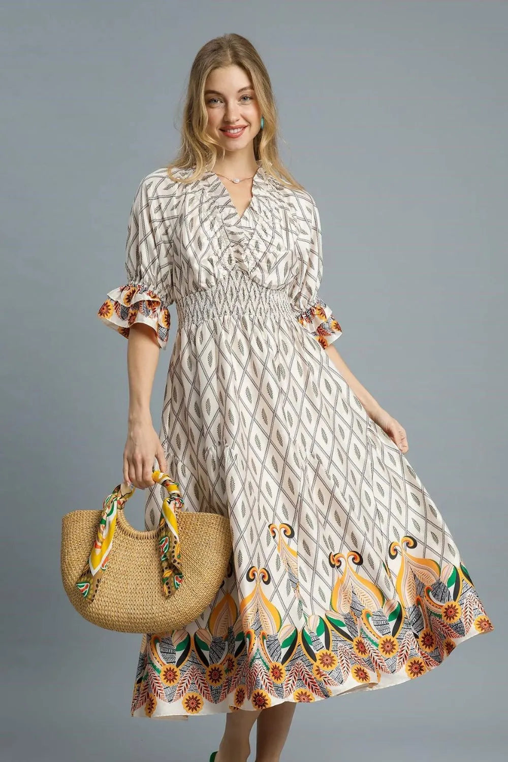 Umgee Printed Smocked Waist Flounce Sleeve Midi Dress Ivory / L