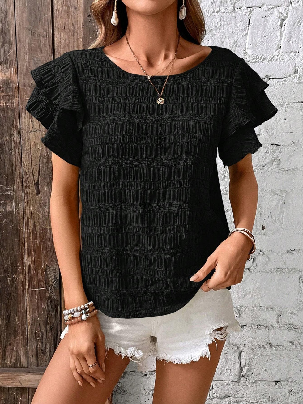 Textured V-Neck Flounce Sleeve Blouse main image 1