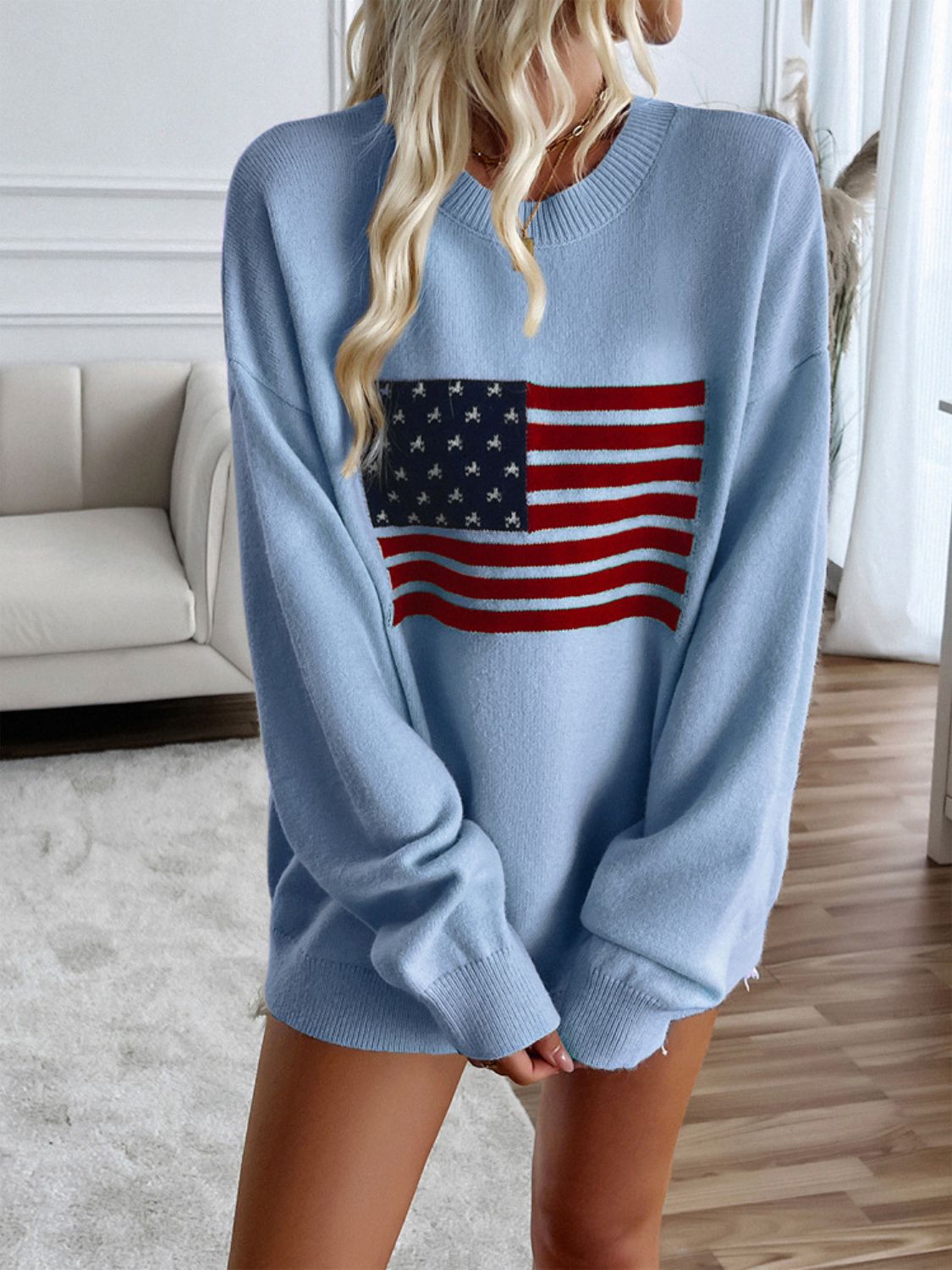 Devine US Flag Round Neck Long Sleeve Knit Top - Charming Charlie