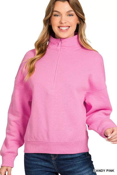 Zenana Fleece High Neck Half Zip Sweatshirt – Charming Charlie