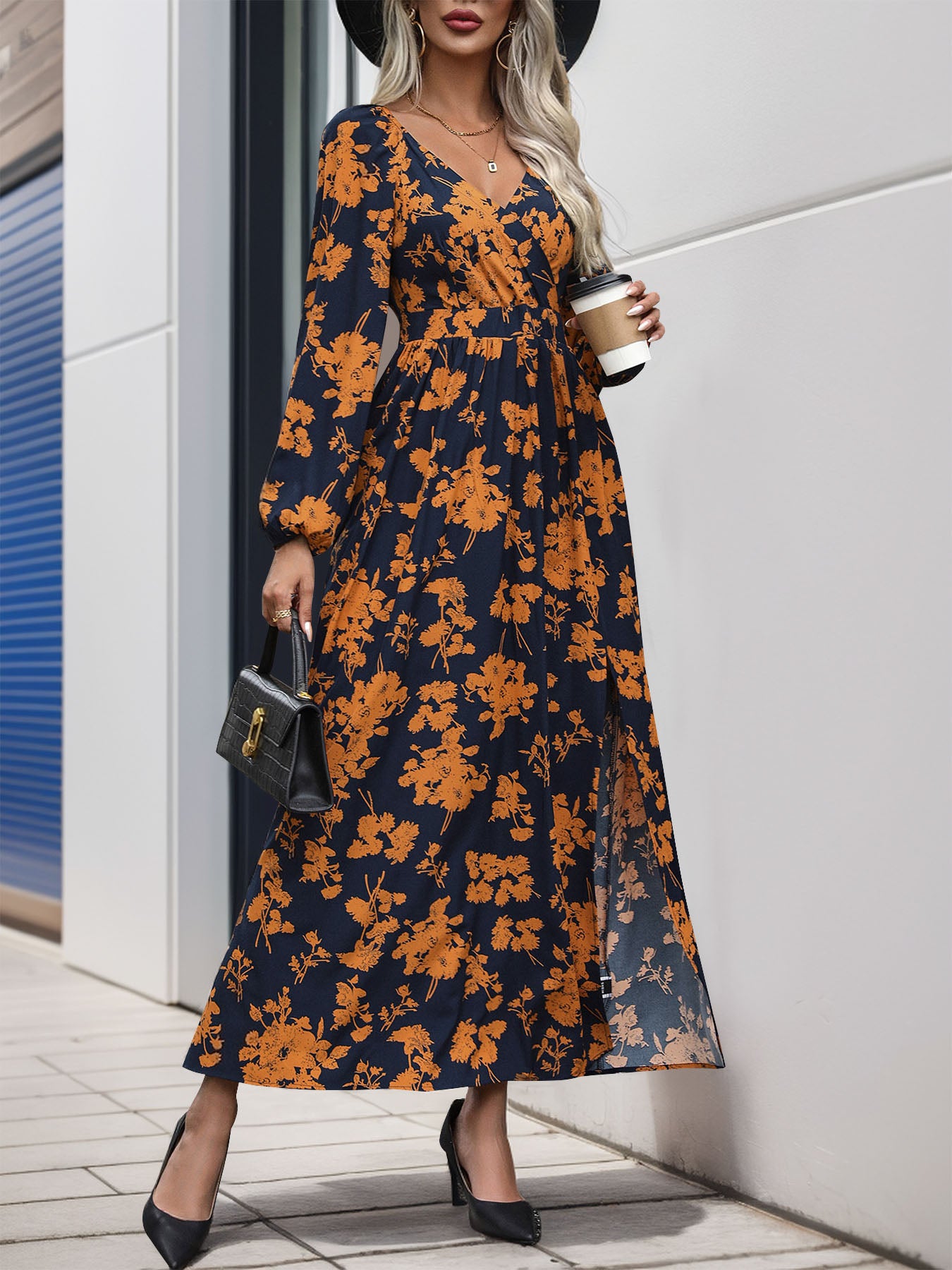 Split Printed Surplice Long Sleeve Midi Dress - Charming Charlie