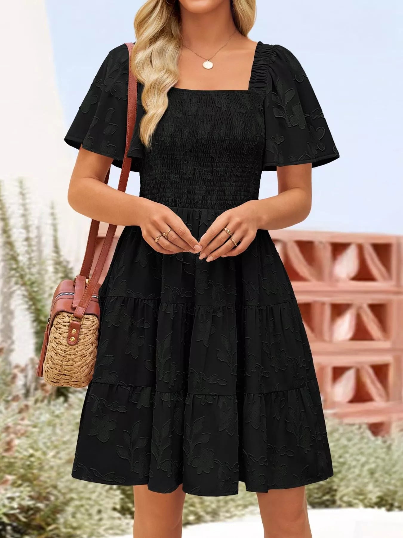 BOHEMSEO 】 square neck mini dress Beverly and Beck Satin Square