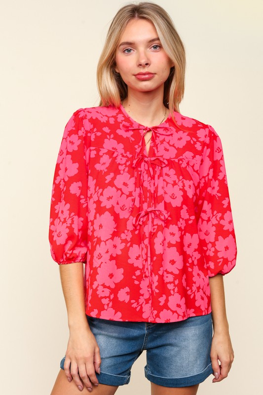 Haptics Full Size Ribbon Bow Floral Balloon Sleeve Blouse - Charming Charlie