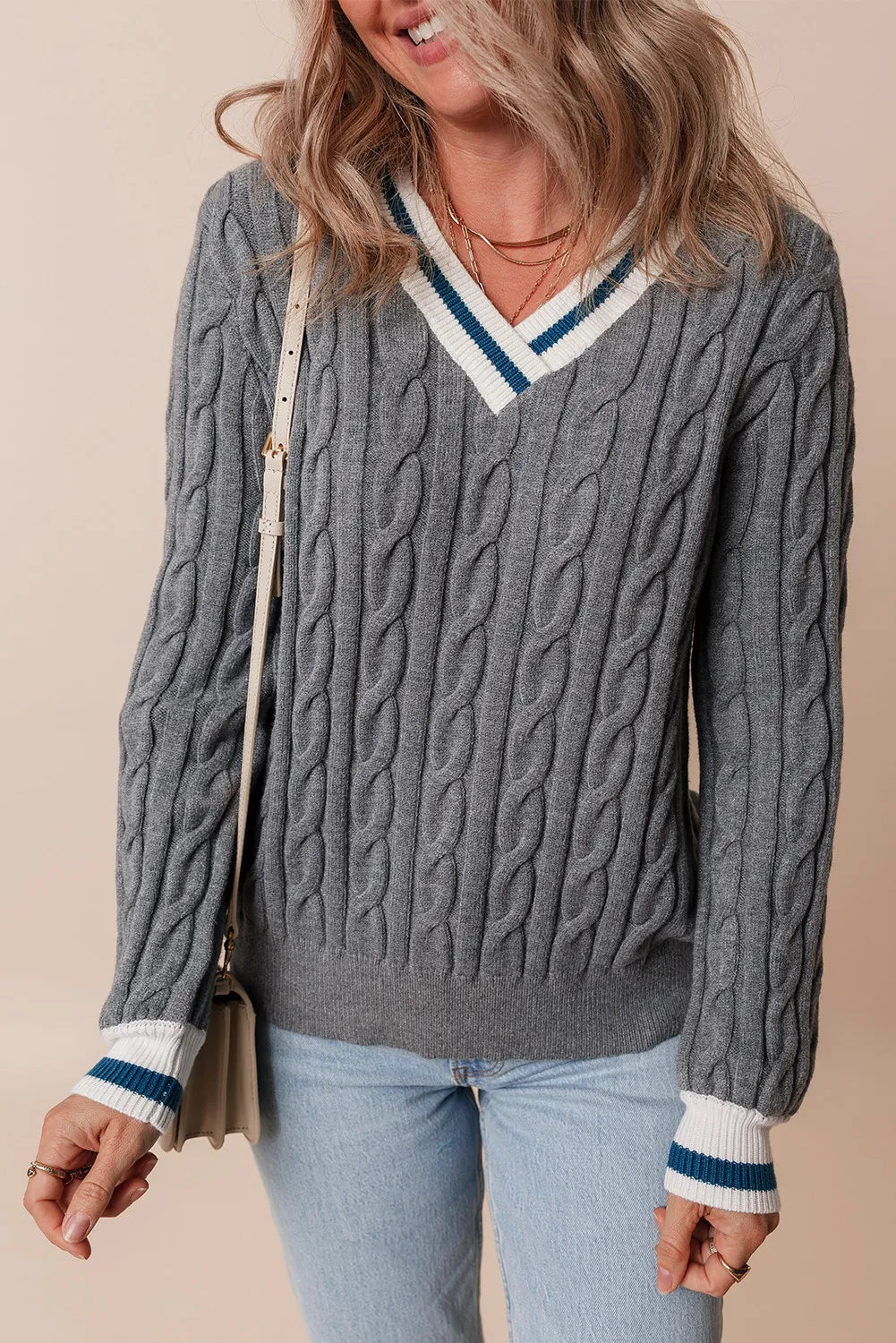 Cable-Knit V-Neck Long Sleeve Sweater - Charming Charlie