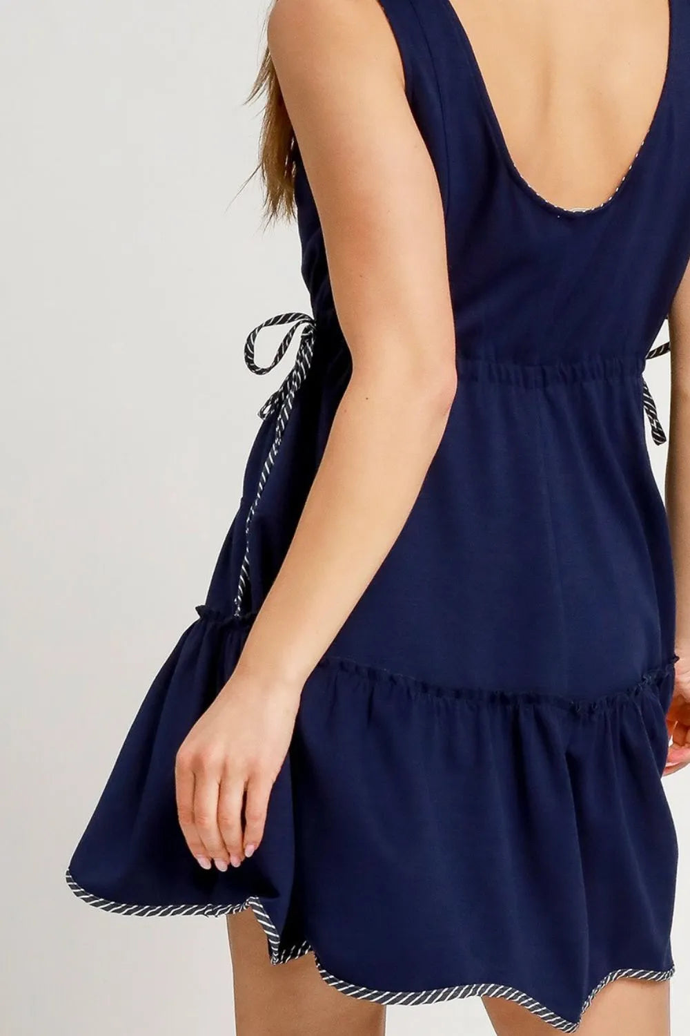 Umgee Frill Drawstring Waist Round Neck Mini Tank Dress Dark Navy / S Umgee Frill Drawstring Waist Round Neck Mini Tank Dress Dark Navy / S