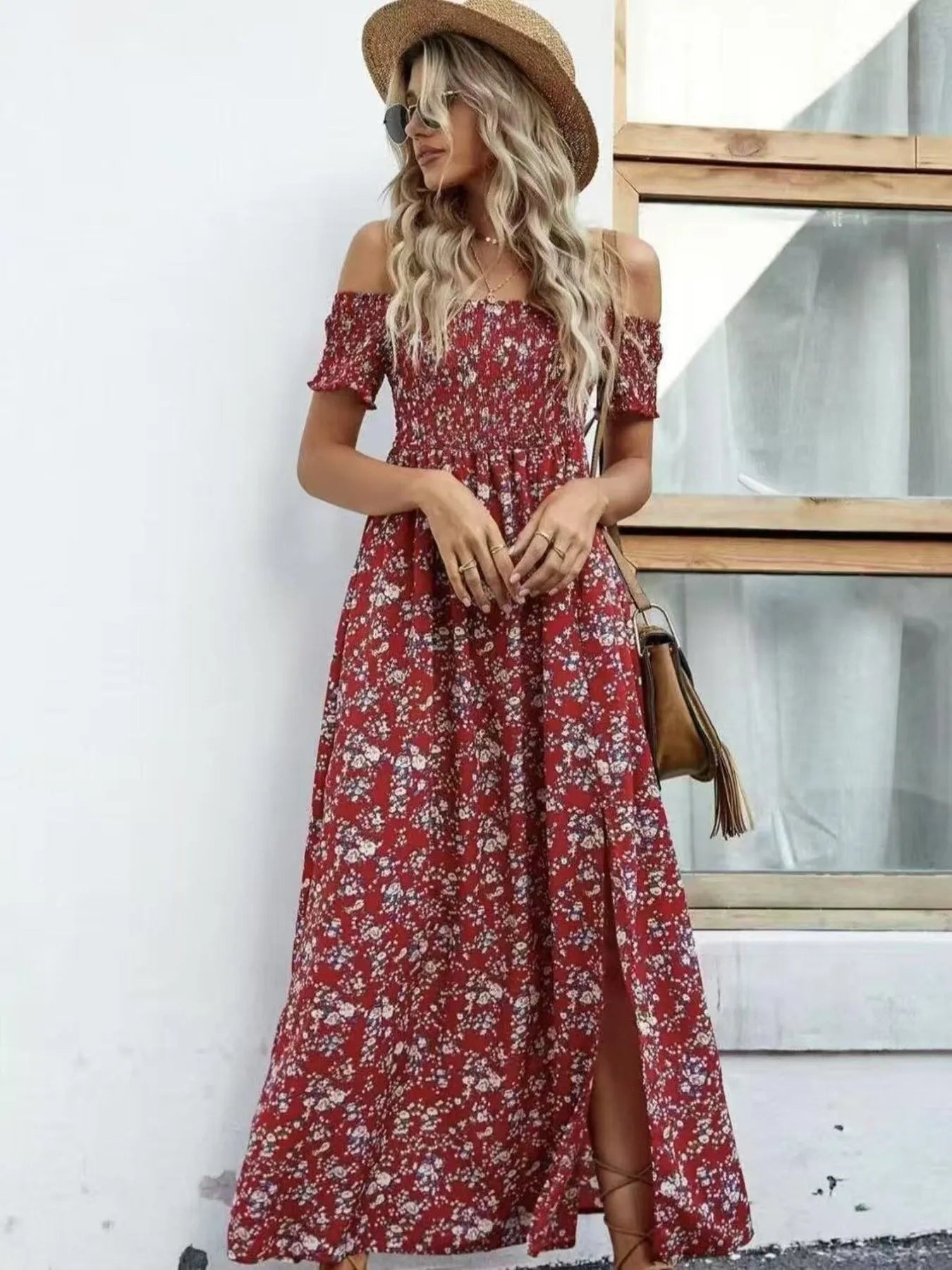 floral cold shoulder midi dress Full Size Slit Off-Shoulder Floral Midi Dress Plus Size Green / 2XL