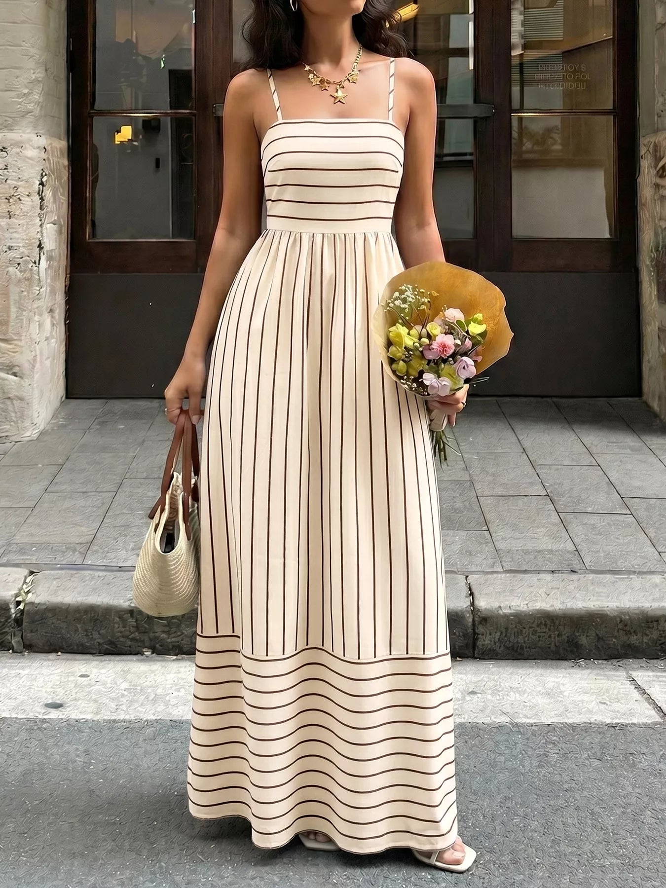 striped dress white and gold Solana Yellow & White Stripe Tiered Midi Dress M main image 0