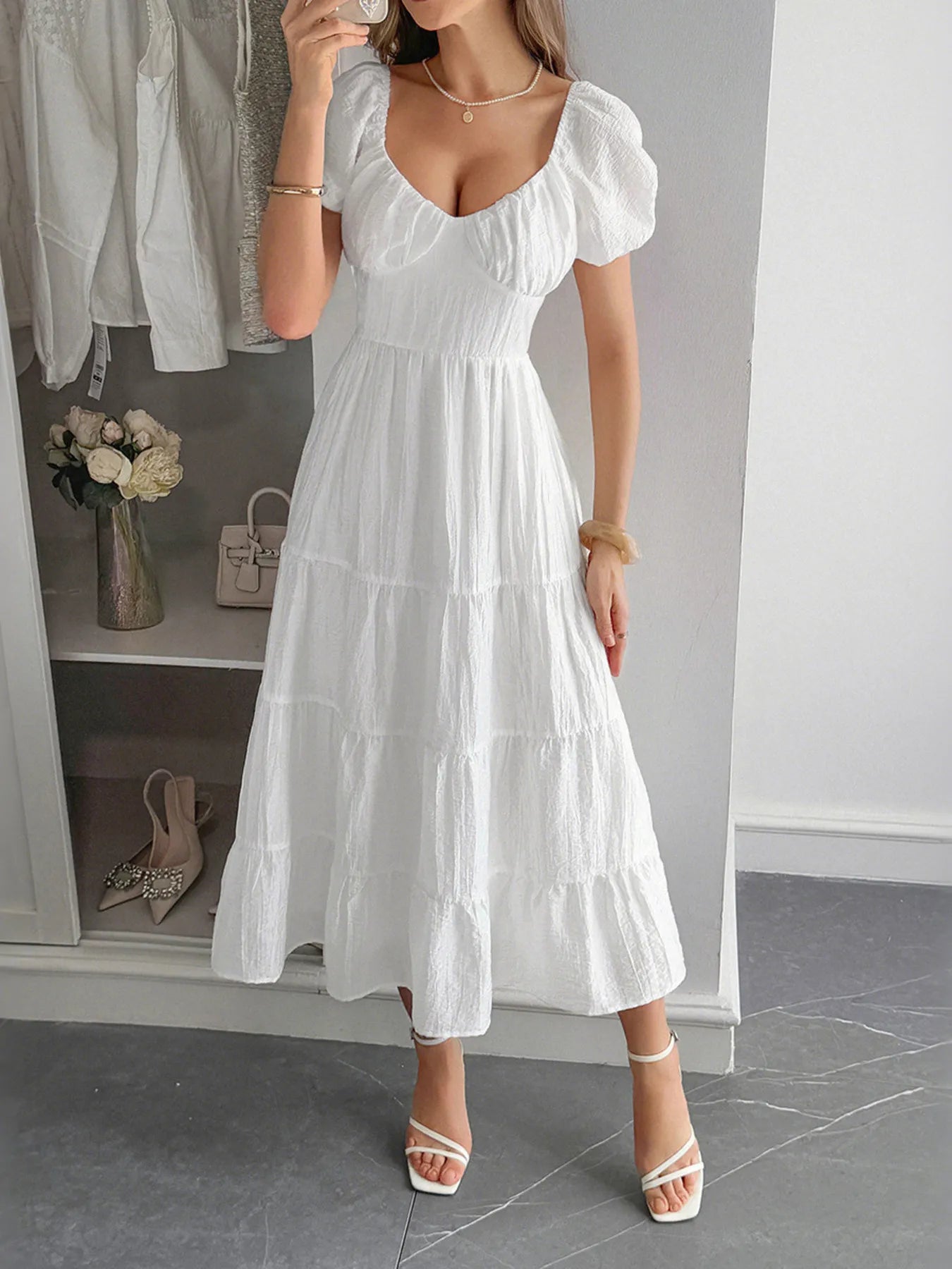 V-Neck Short-Sleeved Slit Charming Printed Midi Dress