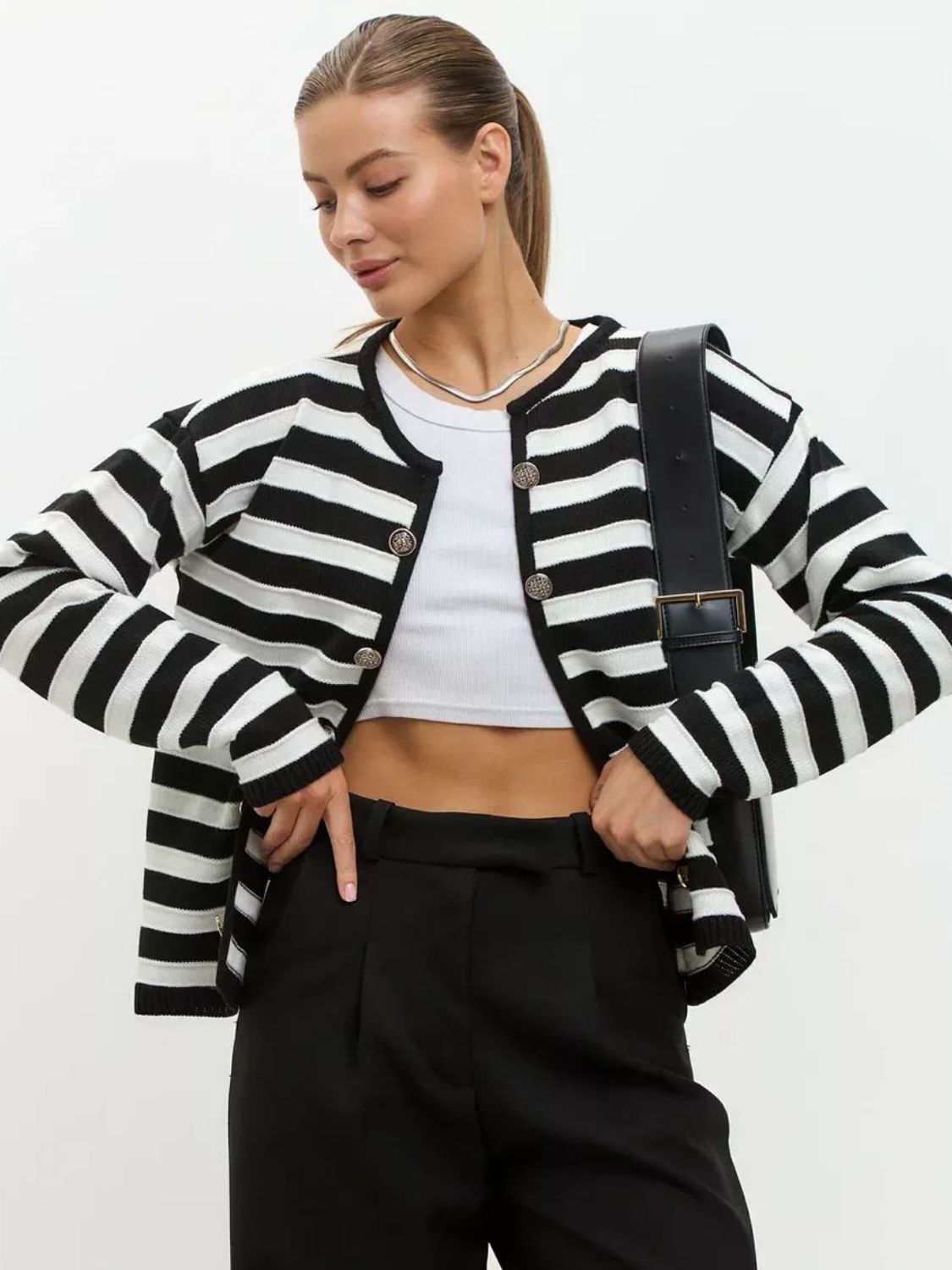 Striped Dropped Shoulder Long Sleeve Cardigan - Charming Charlie