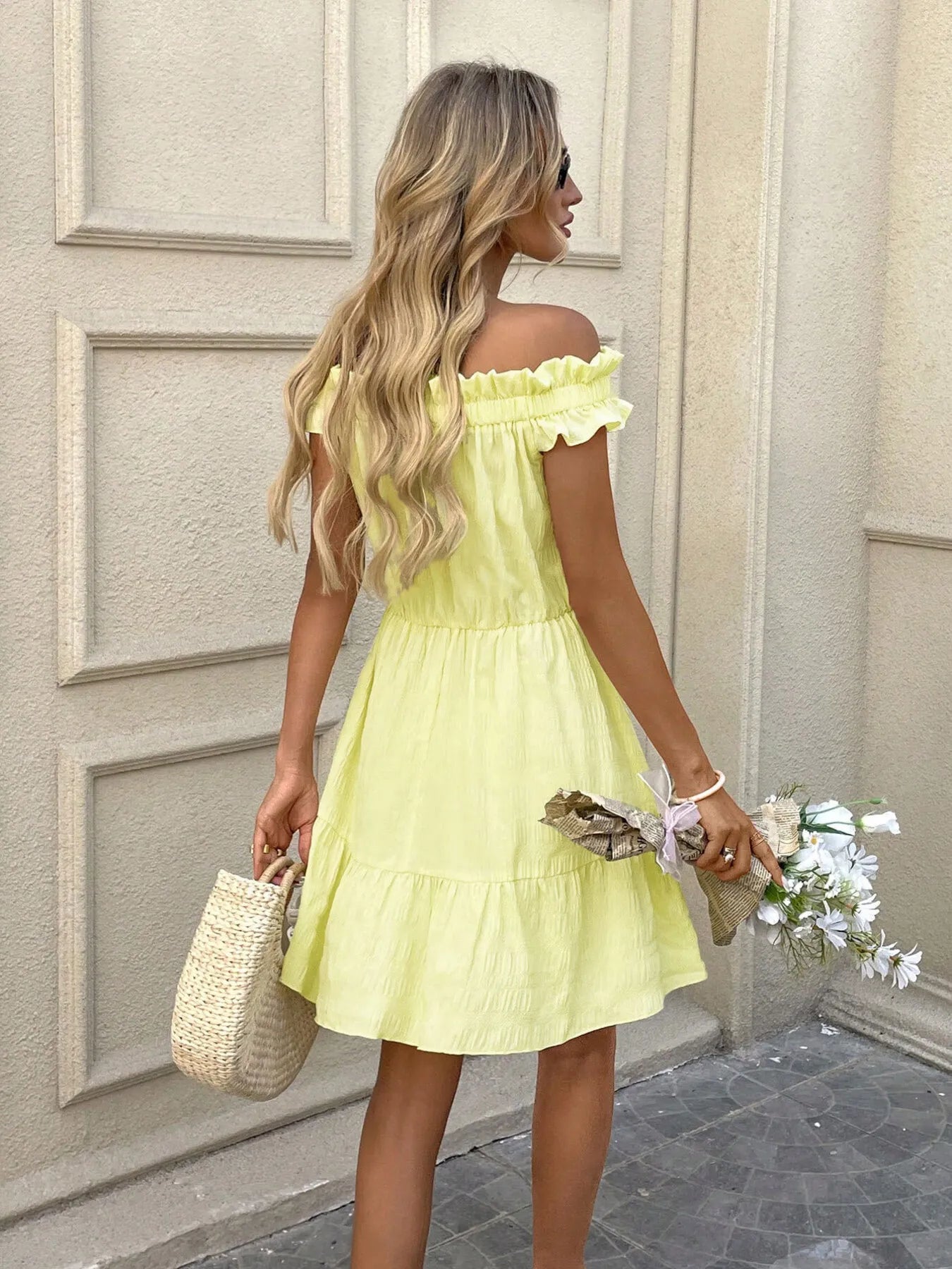 yellow off shoulder summer dress Off-Shoulder Ruffle Hem Summer Dress Yellow / S