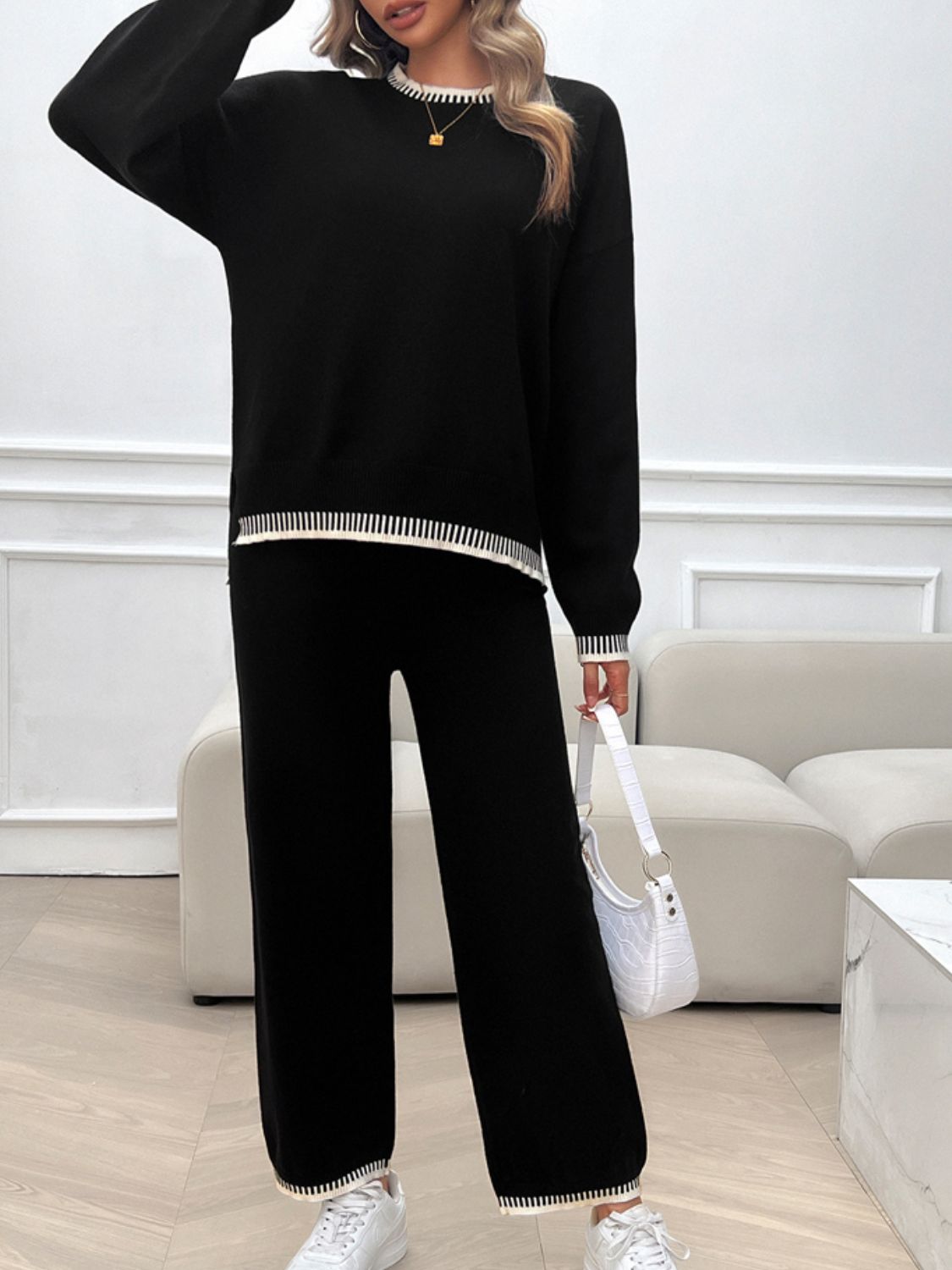 Round Neck Dropped Shoulder Top and Pants Sweater Set - Charming Charlie