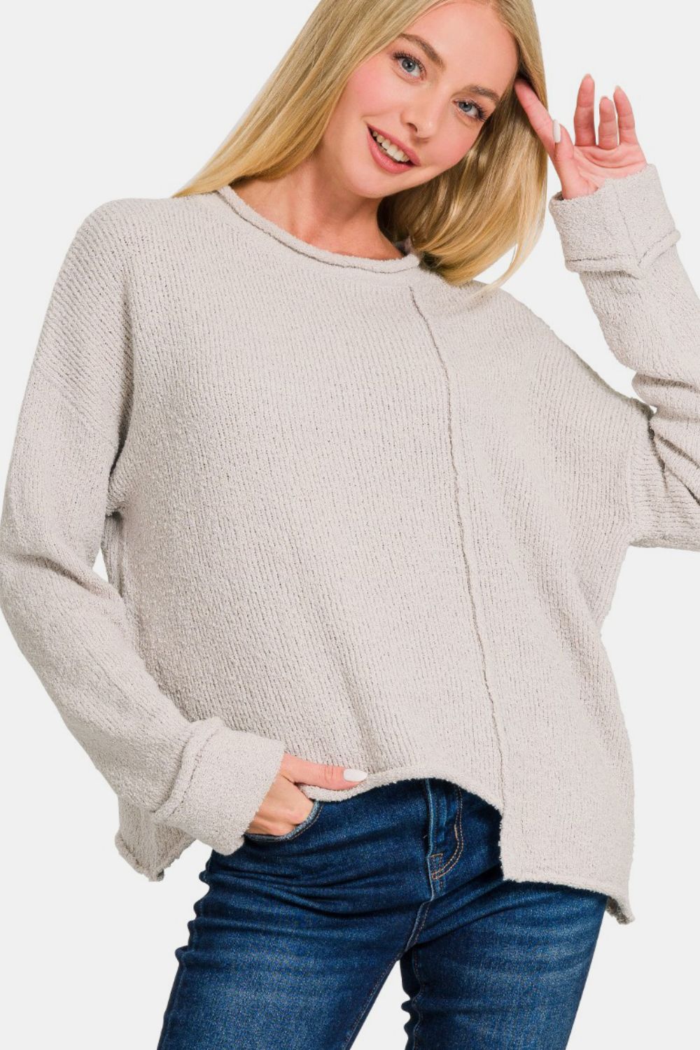Zenana Asymmetric Hem Drop Shoulder Sweater - Charming Charlie