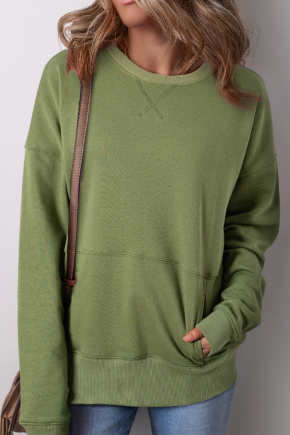 Solid Color Round Neck Long Sleeve Sweatshirt - Charming Charlie