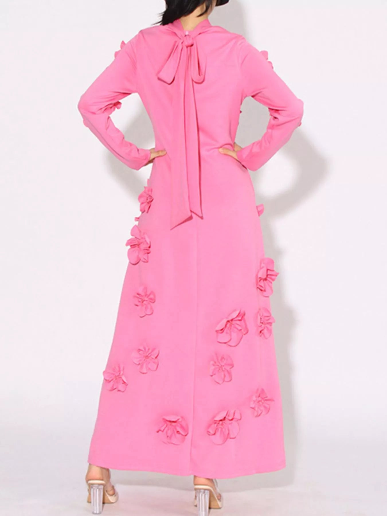 long sleeve maxi coat dress Floral Applique Long Sleeve Maxi Dress Pink / L