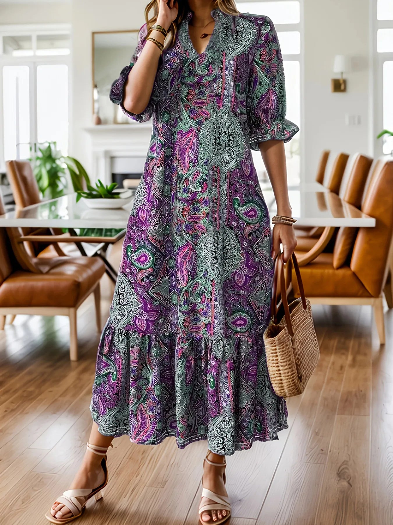Full Size Bohemian Paisley Print Ruffle Hem Midi Dress Plus Size Red / XL