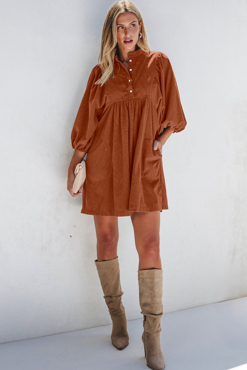 Corduroy Quarter Snap Three-Quarter Sleeve Dress - Charming Charlie
