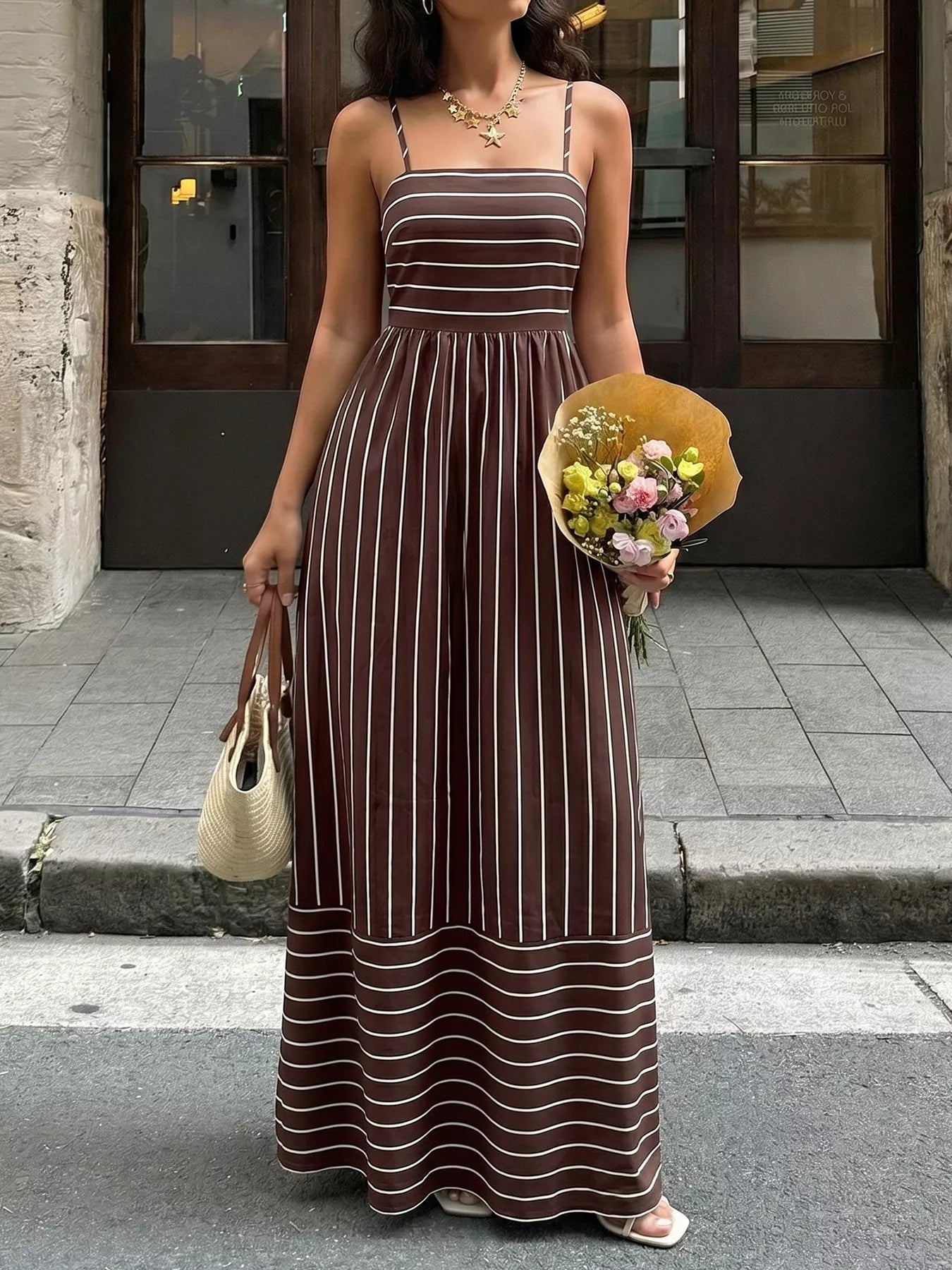 Striped Print Spaghetti Strap Maxi Dress Brown / L