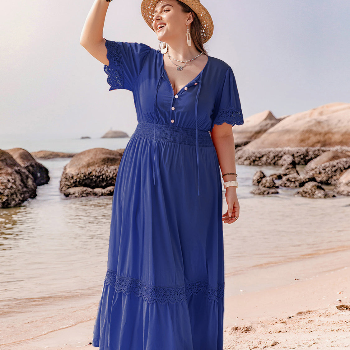 Plus Size Lace Detail Tie Neck Short Sleeve Maxi Dress Lavender / 1XL Plus Size Lace Detail Tie Neck Short Sleeve Maxi Dress Lavender / 1XL