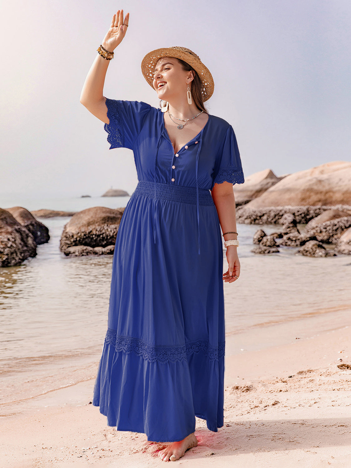 plus size blue maxi dress Lace Detail Tie Neck Short Sleeve – Charming Charlie Chiffon maxi