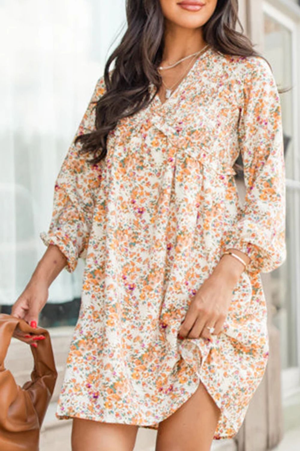 Printed V-Neck Balloon Sleeve Mini Dress - Charming Charlie