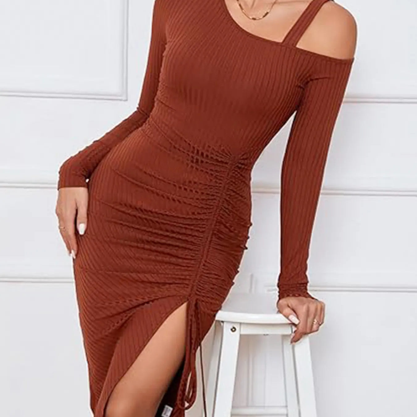 asymmetrical neck ruched bodycon dress SHEIN Chocolate Brown Asymmetrical Neck Ruched Bodycon Dress Women's Mini Cocktail Slim Fit Batwing Sleeve Knitted Fabric Pencil Hem Sexy Mi,L