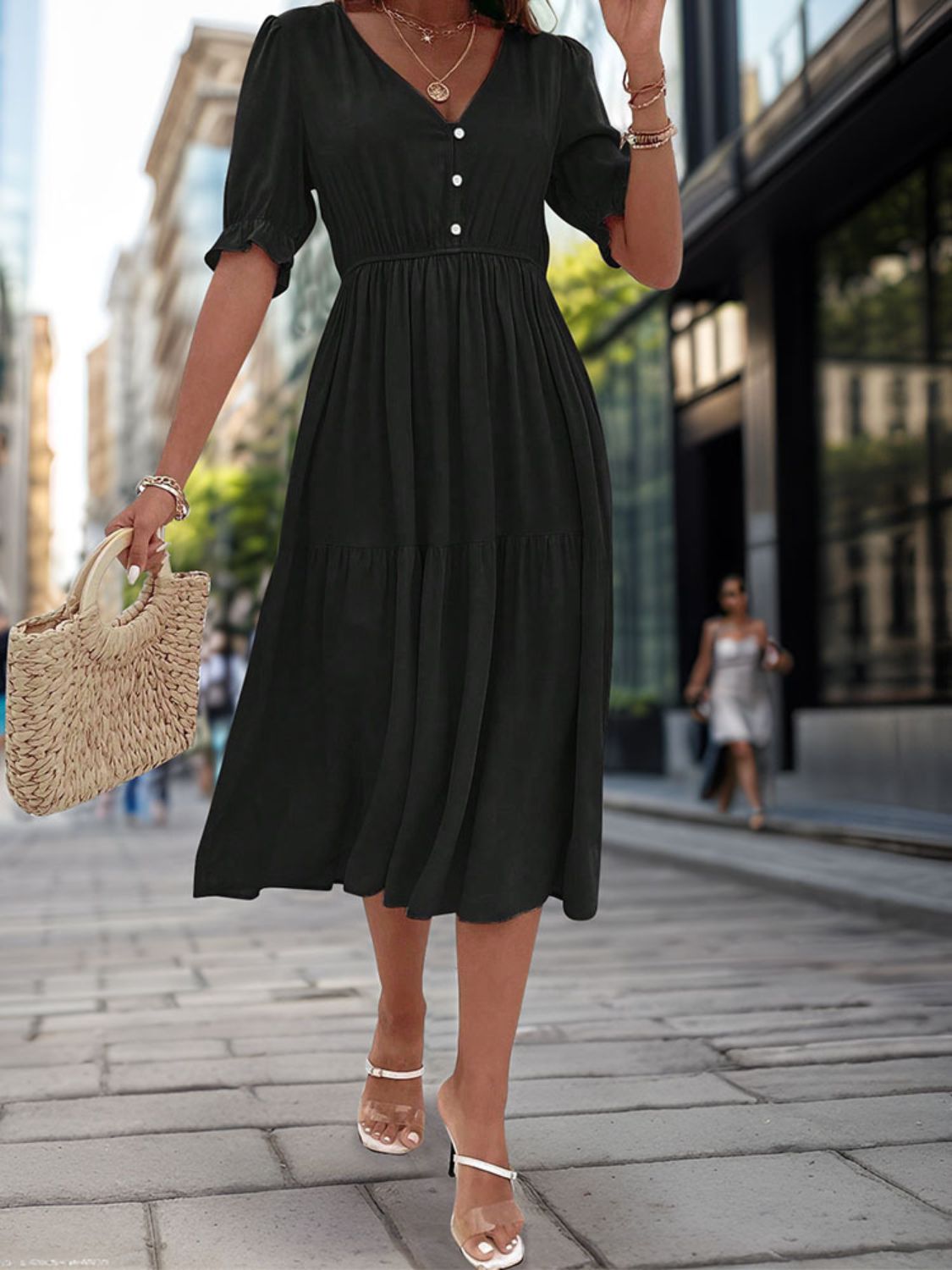 Ruched V-Neck Half Sleeve Midi Dress Black / XL Ruched V-Neck Half Sleeve Midi Dress Black / XL