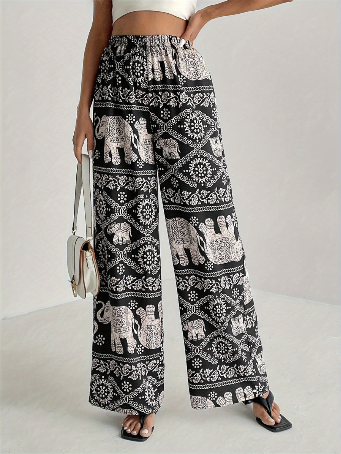 Printed Wide Leg Elastic Waist Pants - Charming Charlie