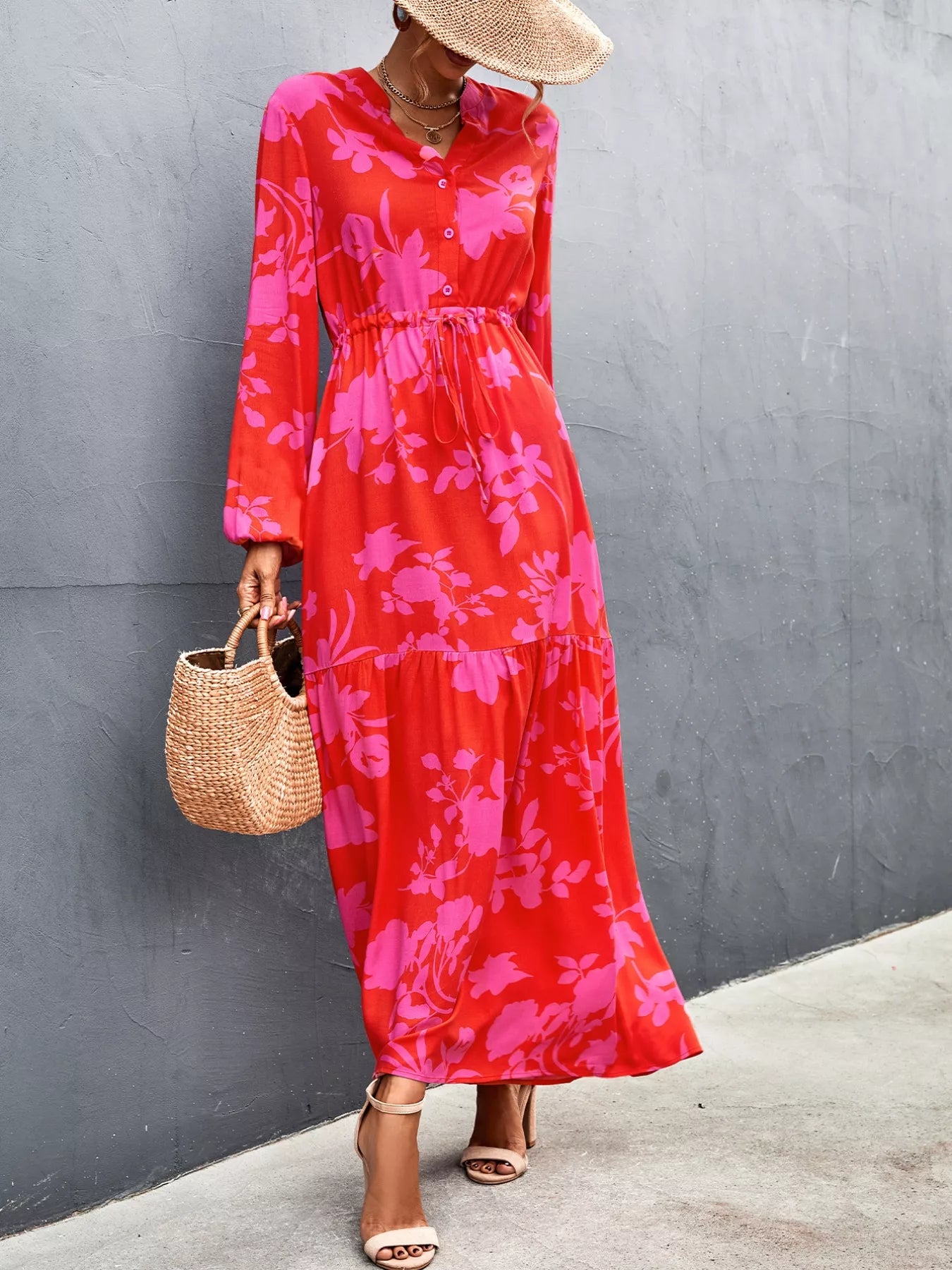 floral maxi dress red Sample Floral Drawstring Waist Long Sleeve Dress