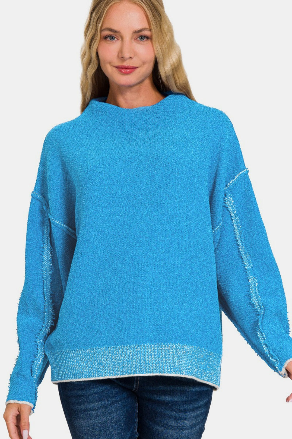 Zenana Exposed Seam Mock Neck Long Sleeve Sweater – Charming Charlie