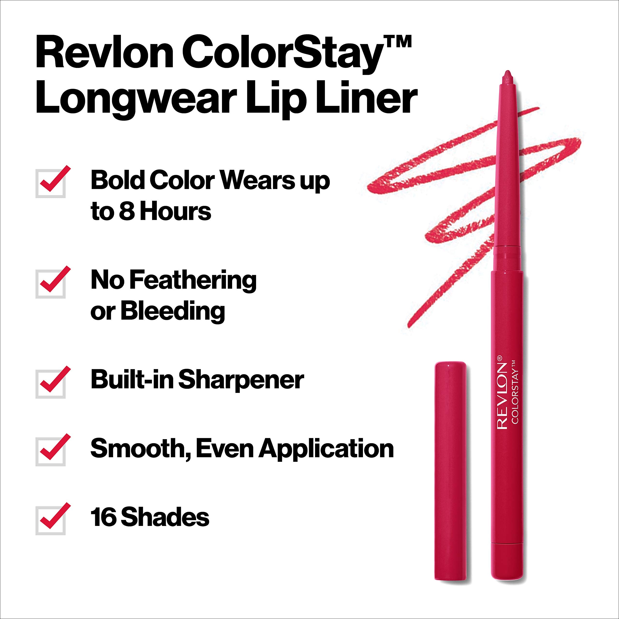 Revlon Lip Liner, Colorstay Lip Makeup with Built-in-Sharpener, Longwear Rich Lip Colors, Smooth Application, 677 Fuchsia, 0.01 oz - Charming Charlie