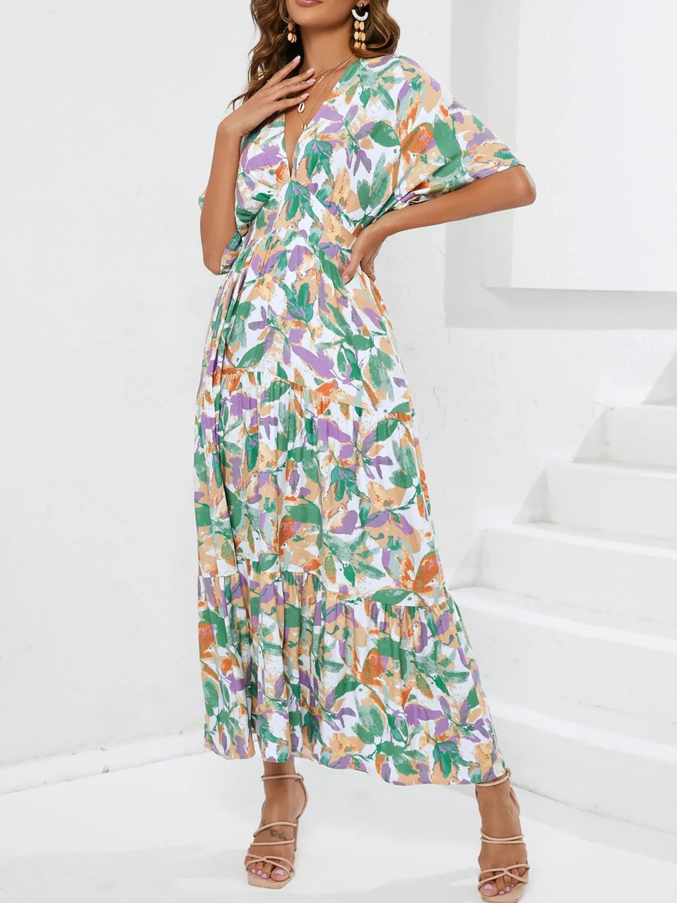 midi bohemian dresses Floral Print V-neck Boho Midi Dress Gum Leaf / S